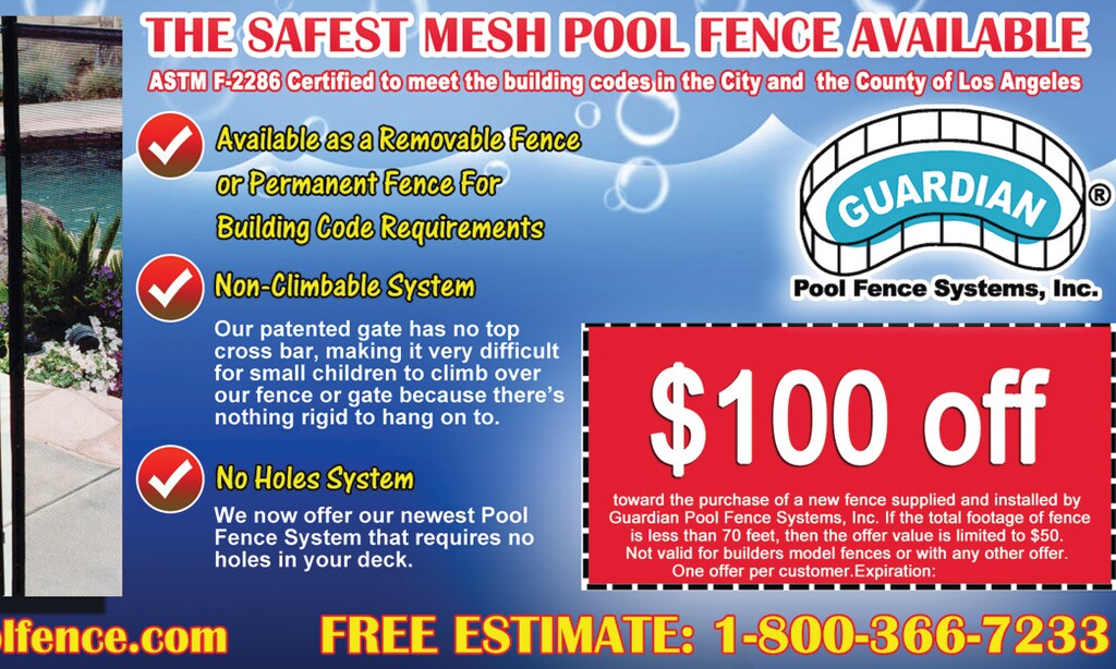 Product image for Guardian Pool Fence Systems $100 Off toward the purchase of a new fence at least 70 feet or longer, supplied and installed by Guardian Pool Fence Systems, Inc. 